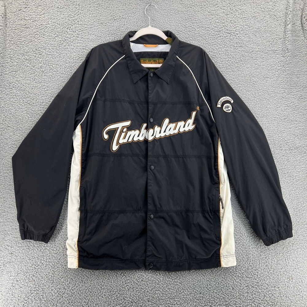 TIMBERLAND WeatherGear Spellout Windbreaker‎ Jacket Mens L Lined Pockets Black